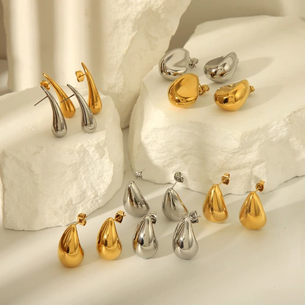 Hochwertiger Netz-Promi-Gießprozess, wassertropfenförmige Ohrstecker mit mehreren Designs, 18-karätiger Gold-Edelstahl-Schmuck - Gold-HF-E3462-G - Damen Stud
