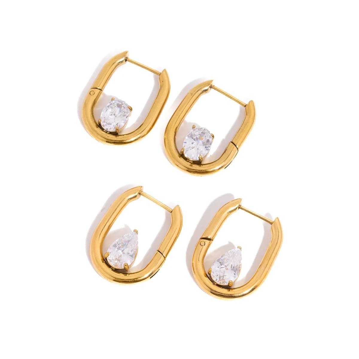 2026 Hochwertige, PVD-vergoldete, geometrische U-förmige Huggie-Creolen aus Edelstahl mit eingelegtem weißen, klaren Wassertropfen-Zirkonia - Gold-NB1541 - Damen Hoop