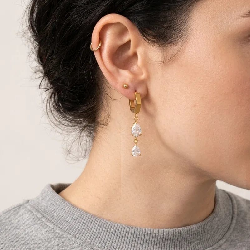 Vintage-Modeschmuck, 18 Karat vergoldet, geometrische Sechseck-Creolen, Huggie-Creolen, doppelte Tropfen-CZ-Zirkonia, baumelnd für Frauen - Gold-NB1545 - Damen Hoop