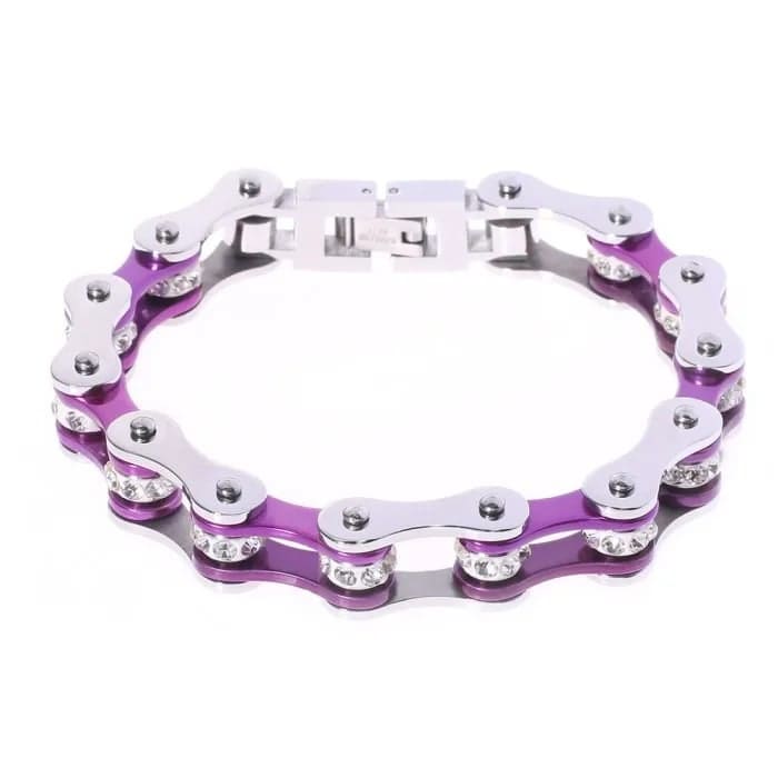 2026 QC Jewelry Damen-Fahrradkettenarmband im Punk-Rock-Stil, lila, mit Strass besetzte Edelstahl-Motorradkette - Silver and Purple - Damen Chain