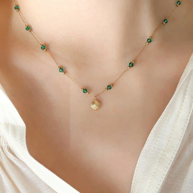 2026 QC Schmuck Kristall Sea Shell Anhänger Halskette Edelstahl Schmuck für Frauen 18K Gold Überzogene Wasserdichte Schmuck Collier Femme - Standard - Damen Anhänger