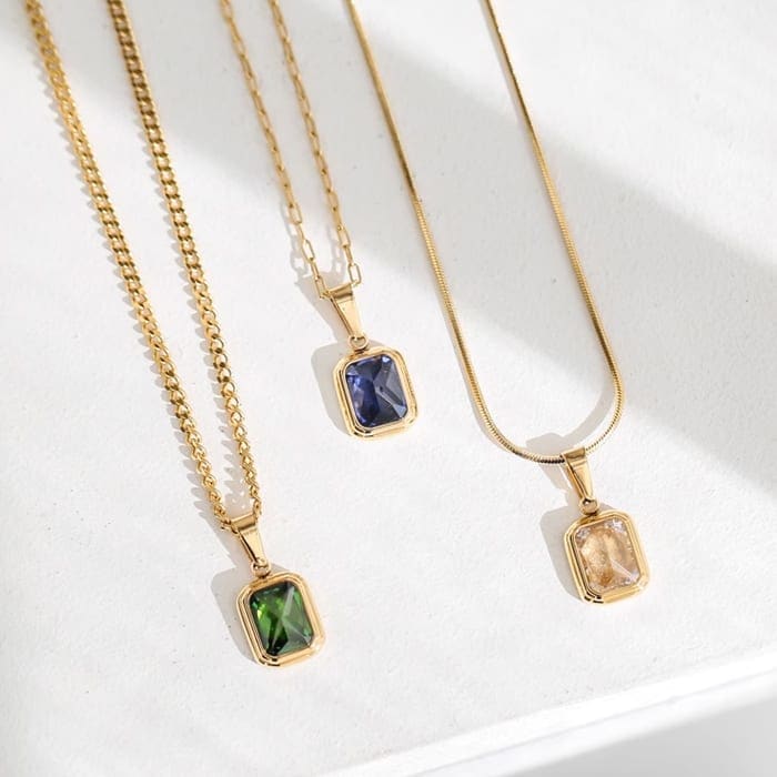 2026 QC Schmuck Klare Blaue Stein Halskette Schmuck Edelstahl Halsketten für Frauen Collier Inoxydables Acier Inoxydable Bijoux - Emerald - Damen Anhänger