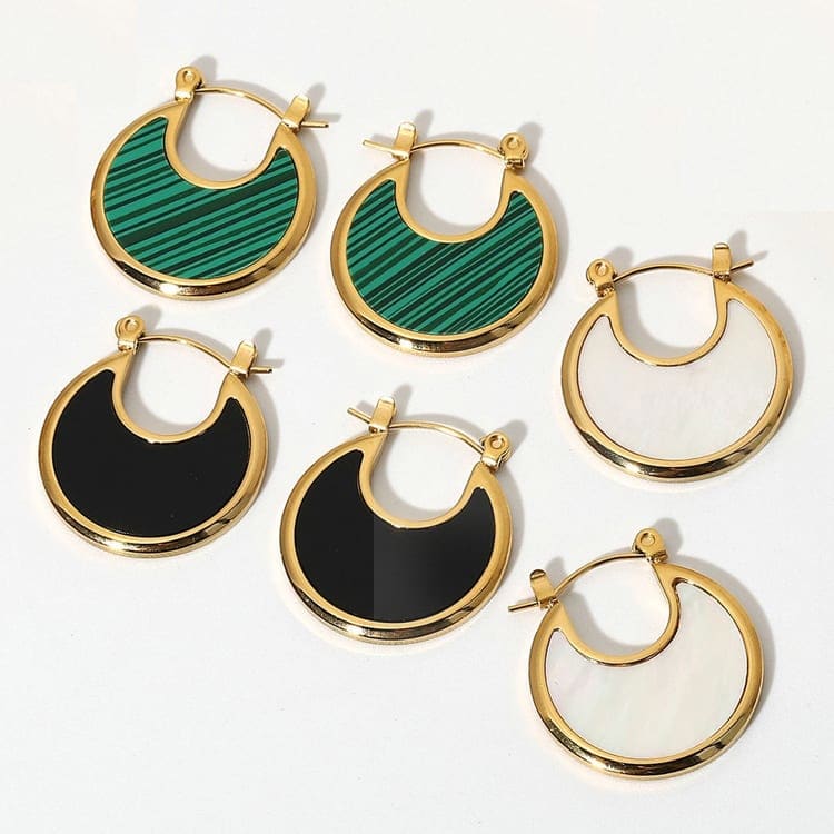 2026 QC Jewelry Edelstahl 18K PVD vergoldet Emaille Malachit Perlmutt Muschel Mond Creolen Damen - Black - Damen Hoop