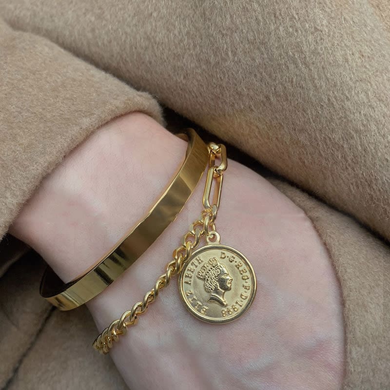 2026 QC Schmuck Mode Gold Silber Edelstahl Königin Elizabeth Porträt Münze Anhänger Armband Armreif Schmuck für Frauen - Gold - Damen Chain