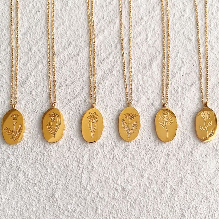 2026 QC Jewelry Edelstahl 18K vergoldet 12 Monate Geburt Blumen Halskette Damen - Standard - Damen Anhänger