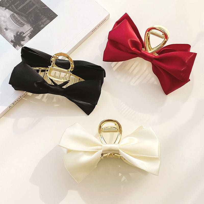 2026 QC Jewelry Elegant 12cm Double Bow Satin Claw Hair Claws Large Metal Bowknot Princess Hair Accessories in Red White Black for Girls - #01 Red - Women Hair Accessories