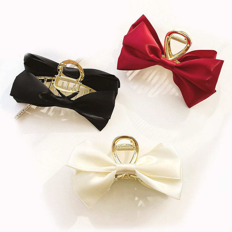 2026 QC Bijoux Satin Grand Bowknot Papillon Griffe De Cheveux En Métal Élégant Pinces À Cheveux pour Femmes Rouge Blanc Noir Double Arc Claw Clips - #01 Red - Femme Accessoires cheveux