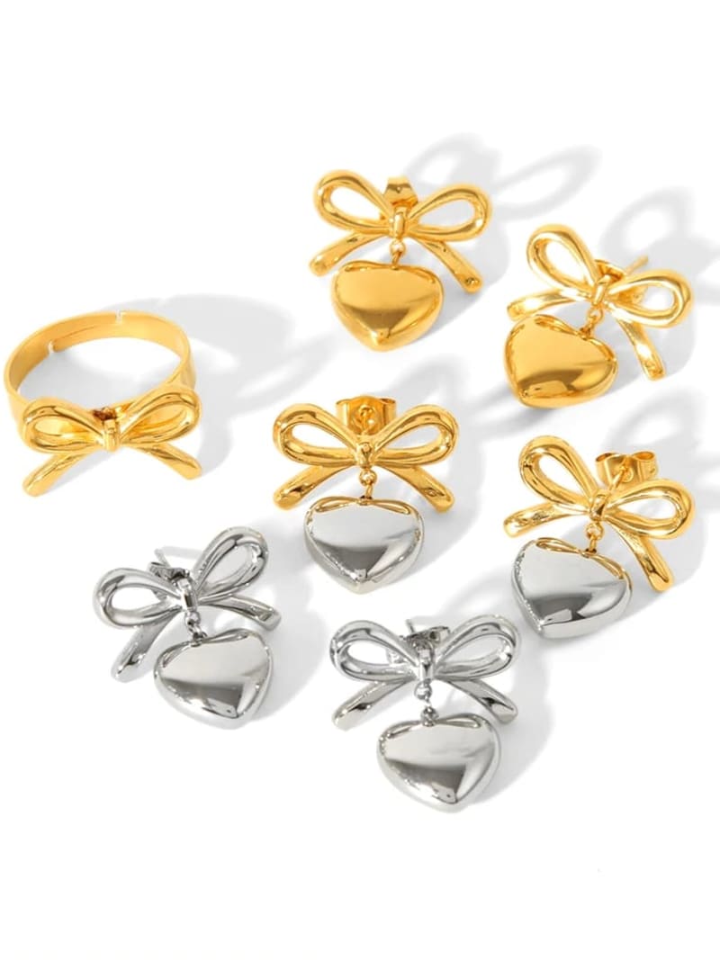 Boucles d'oreilles en acier inoxydable plaqué or 18 carats PVD, joli nœud papillon, pêche, amour, cœur, avec nœud, cadeau pour filles, meilleure vente - Or - Femme Stud - Image 2