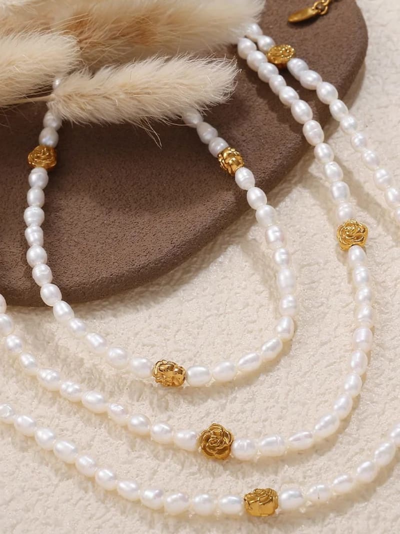 Elegant Freshwater Pearl Necklace Bracelet Set  Jewelry  Stainless Steel Gold Rose FlowerCharm Jewelry Set for Women - Gold - Fashion Necklaces - Image 2