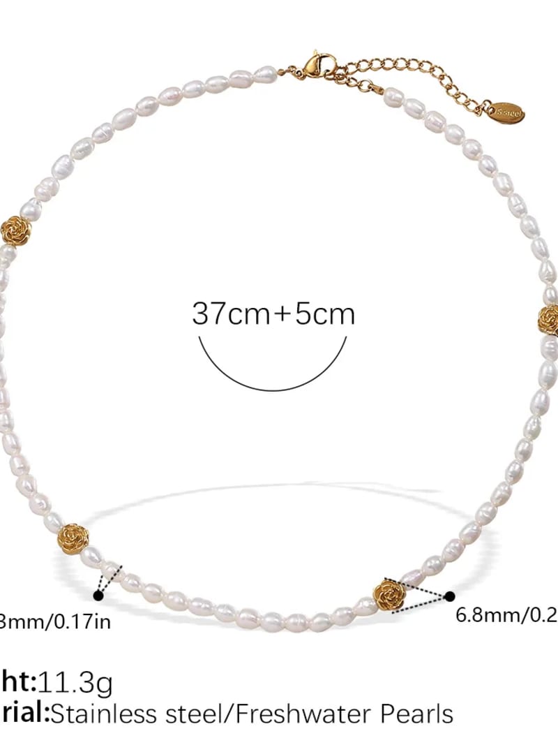 Elegant Freshwater Pearl Necklace Bracelet Set Jewelry Stainless Steel Gold Rose FlowerCharm Jewelry Set for Women