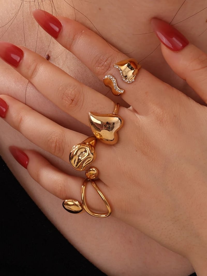 New Stainless Steel Heart Wave Shape Smooth Zircon Ring Exquisite PVD 18K Gold Plated Rust Proof Women Romantic Jewelry Gift - Gold - Rings - Image 2