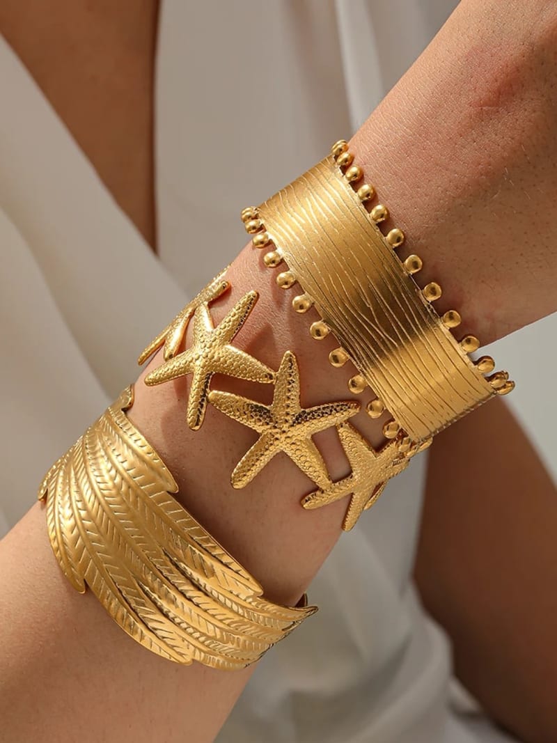 Vintage Opening 18K PVD Gold Plated Stainless Steel Bracelet Exaggerated Leaf Starfish Chunky Wide Bangle Jewelry Set for Women - Gold - Women Cuff - Image 2