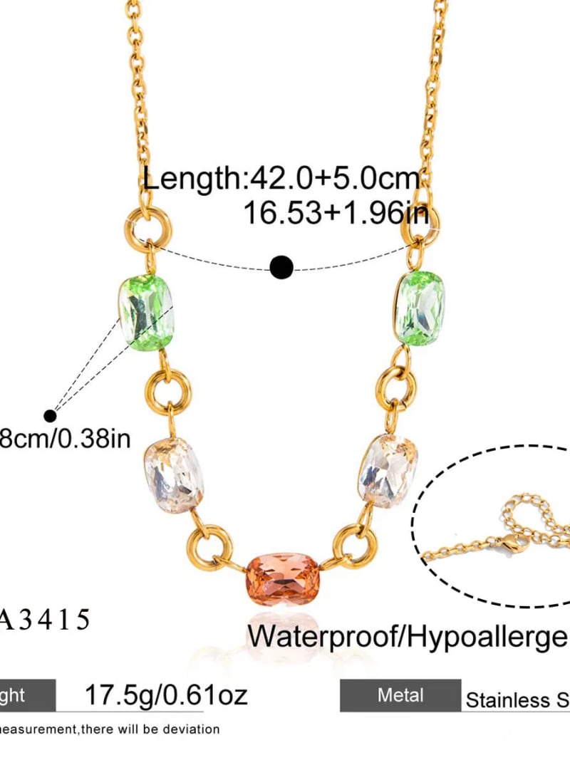 Vintage Gold Plate Stainless Steel Dainty Multicolor Square Crystal Pendant Colorful CZ Link Chain Necklace for Women Daily Wear