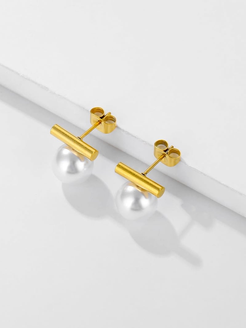2026 QC Jewelry and American Minimalist High-end Gold Cylindrical and Pearl-shaped Stud Earrings 18K Gold-plated Stainless Steel