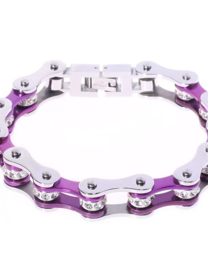 2026 QC joyería pulsera de cadena de bicicleta para mujer estilo Punk Rock cadena de motocicleta de acero inoxidable con incrustaciones de diamantes de imitación púrpura