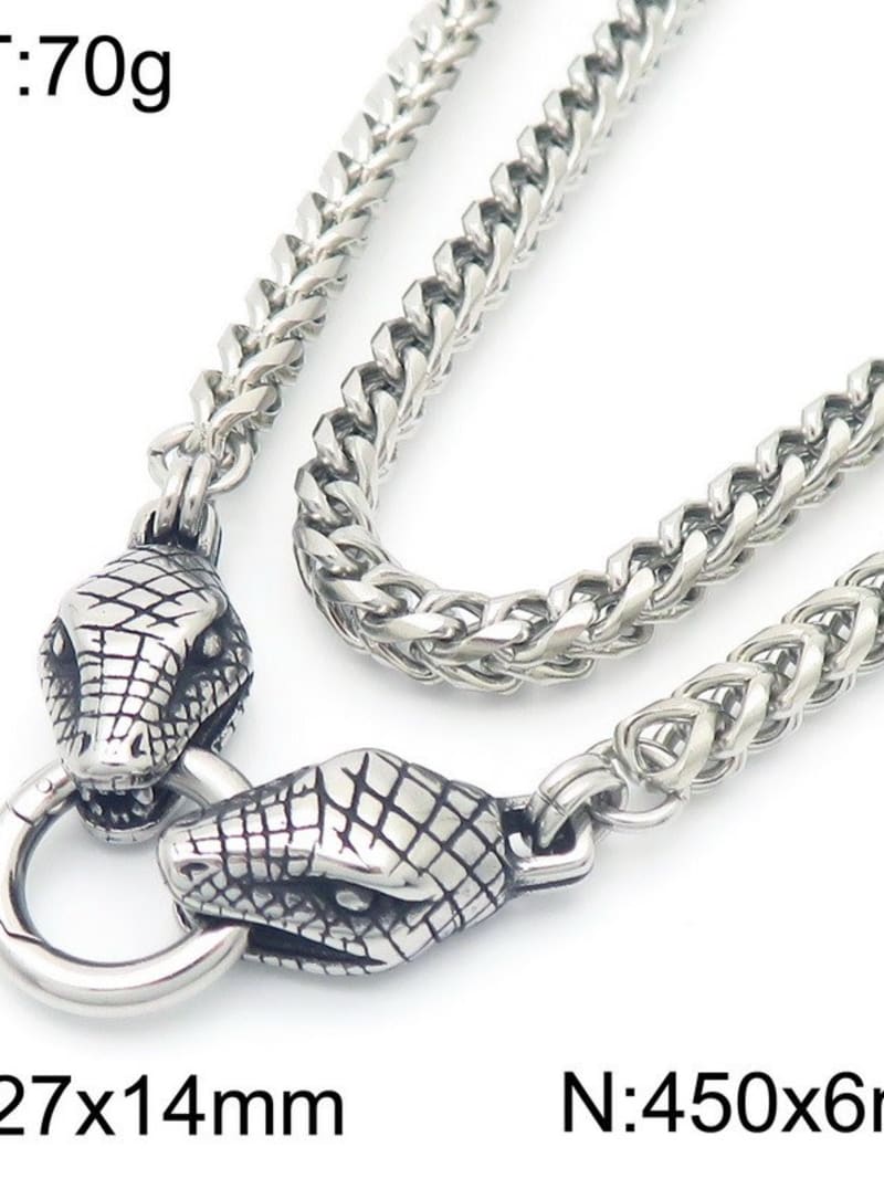 2026 QC Jewelry Personalized Zodiac Snake Jewelry Punk Style Aged Double Dragon Head and Ghost Head Keel Chain Stainless Steel Necklace