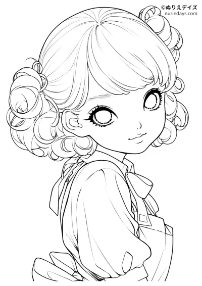 巻き髪の女の子のぬりえ