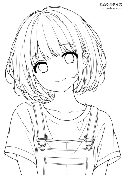 オーバーオールの女の子のぬりえ