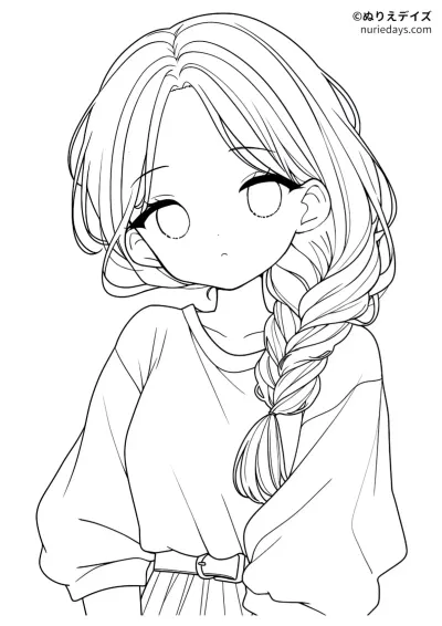 ゆるっとしたサイド三つ編みの女の子のぬりえ