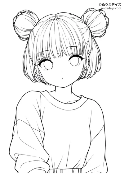 ツインお団子の女の子のぬりえ