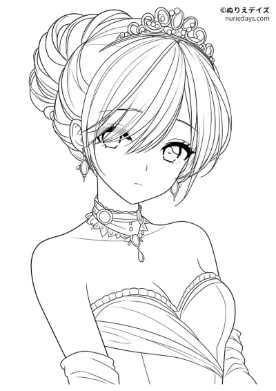 シニヨンヘアのプリンセス風の女の子のぬりえ