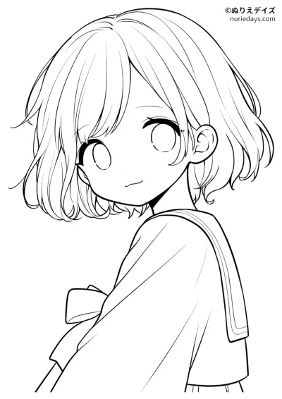 ショートボブのセーラー服の女の子のぬりえ