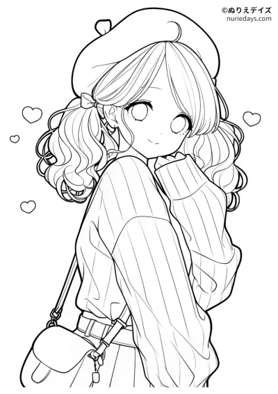 ベレー帽を被った女の子のぬりえ