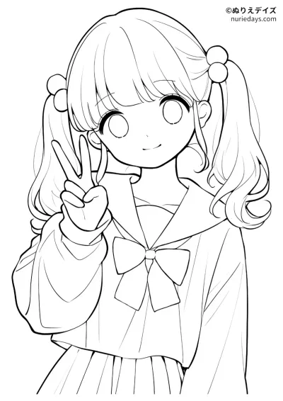 ツインテールのセーラー服の女の子のぬりえ