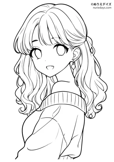 オフショルダーニットの女の子のぬりえ