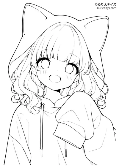 猫耳パーカーを着た女の子のぬりえ