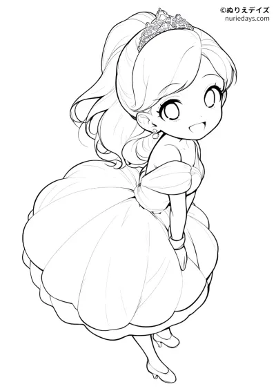 ポニーテールのお姫様のぬりえ