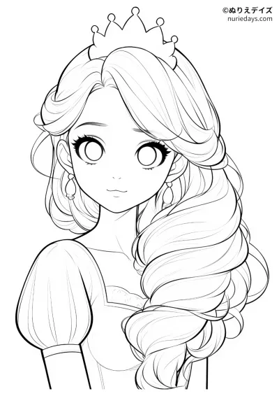 巻き毛のお姫様のぬりえ