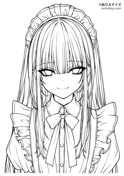 ロングヘアのメイドさんのぬりえ