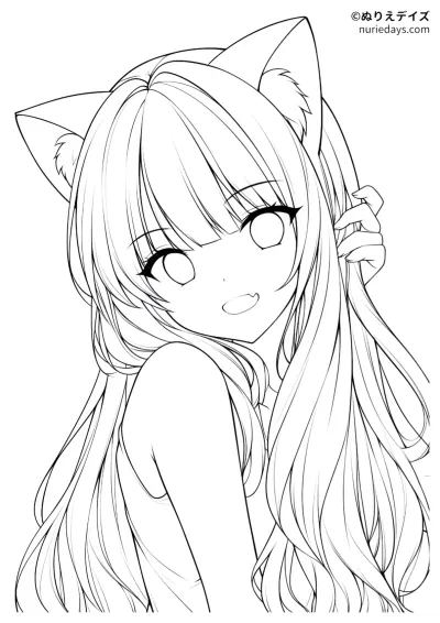 猫耳でロングヘアの女の子のぬりえ2