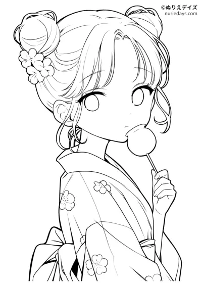 浴衣の女の子のぬりえ2