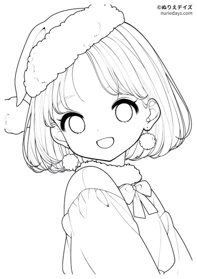サンタ服を着ている女の子のぬりえ