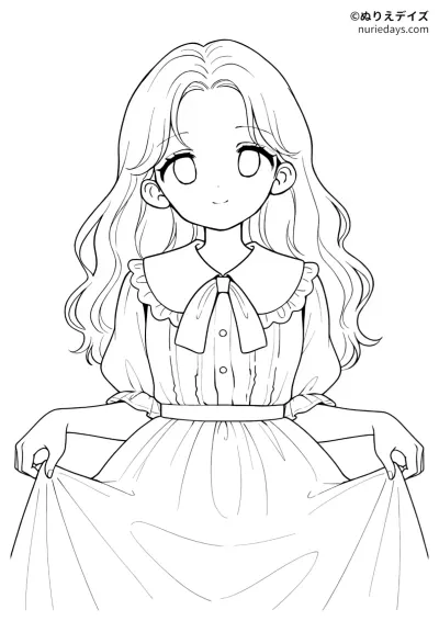 スカートの裾をつまんで微笑む女の子のぬりえ