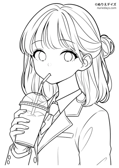 シェイクを飲むブレザーの女の子のぬりえ