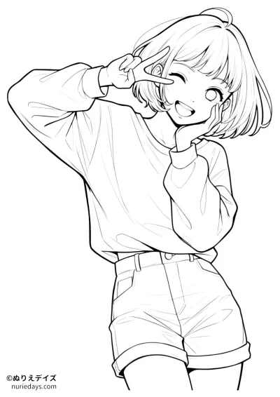 笑顔でピースサインをしている女の子のぬりえ