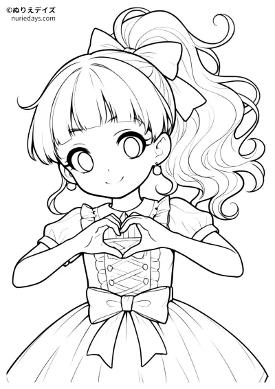 ハートポーズをしているポニーテールの女の子のぬりえ