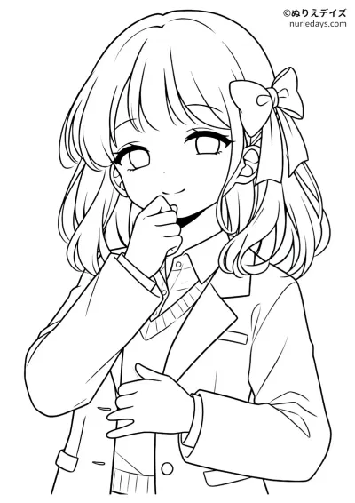 口に手を当てて微笑んでいる女の子のぬりえ