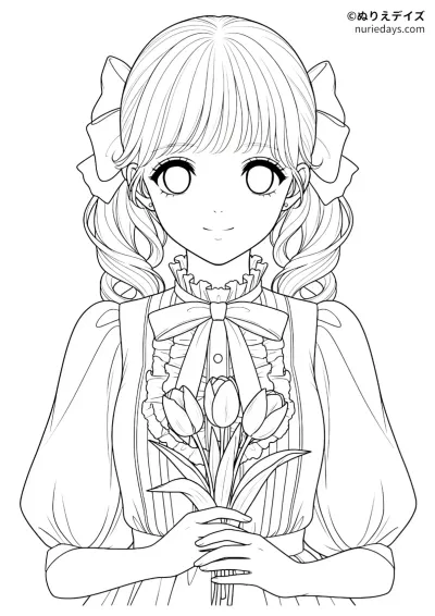 花束を持っている女の子のぬりえ