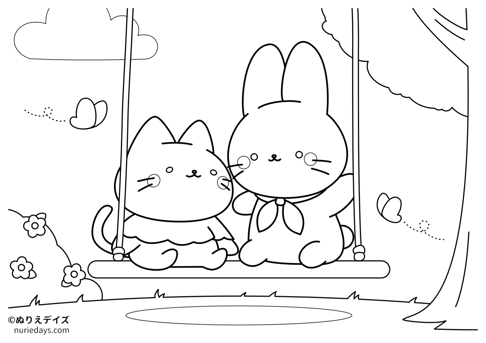 遊んでいるウサギとネコのぬりえ
