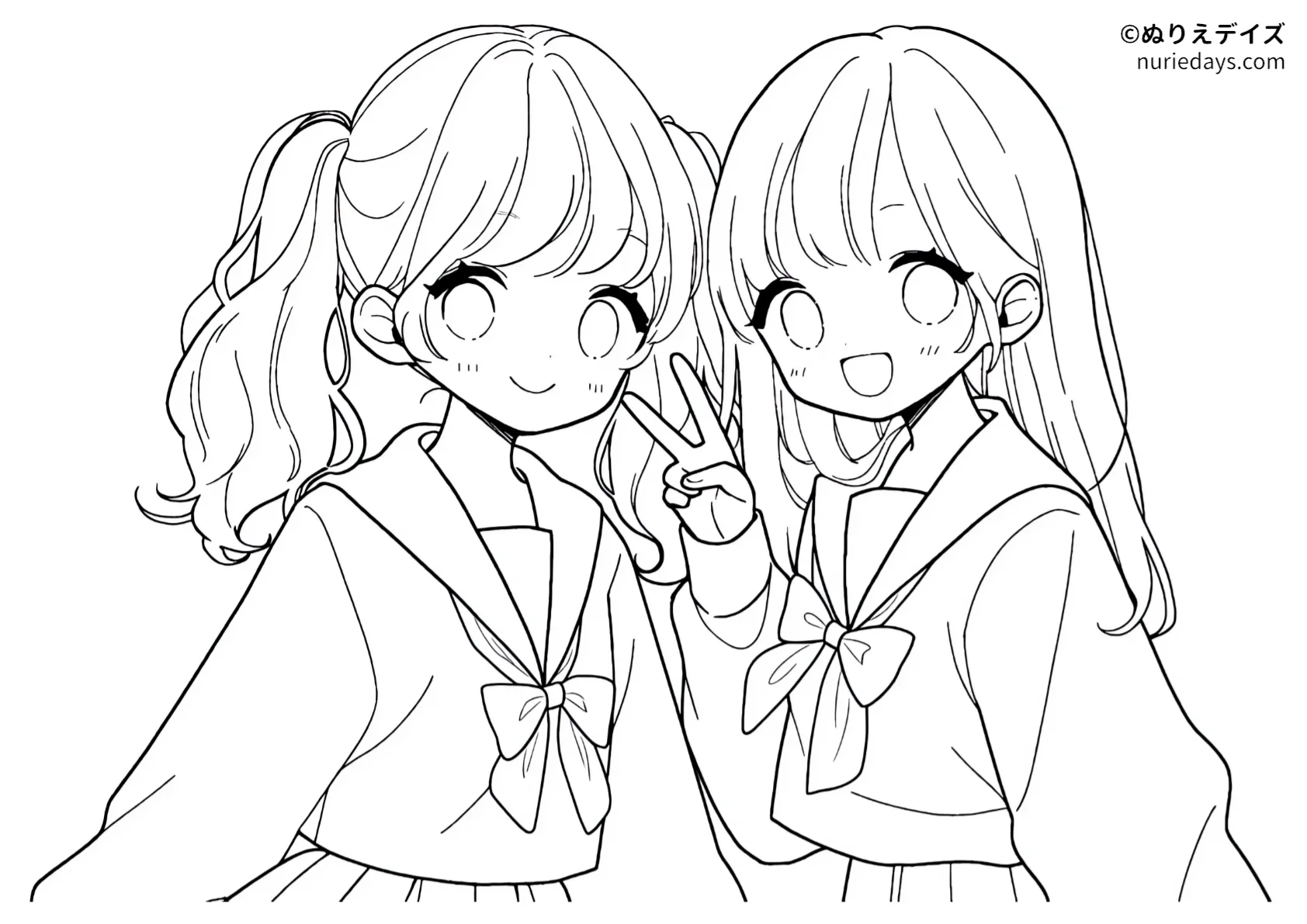 セーラー服を着た女の子たちのぬりえ