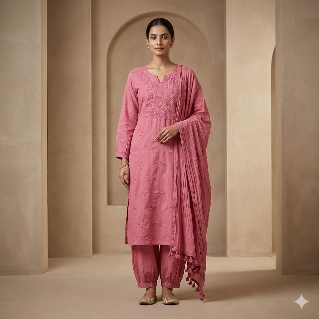 Rose Pink Chikan Suit Set