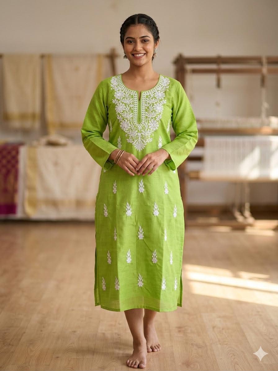 Parrot Green Chikan Kurta ,alternate view