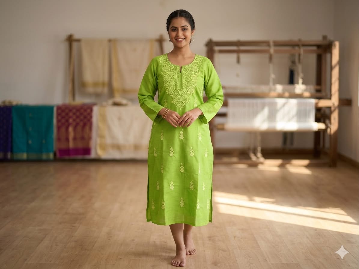 Parrot Green Chikan Kurta thumbnail 3