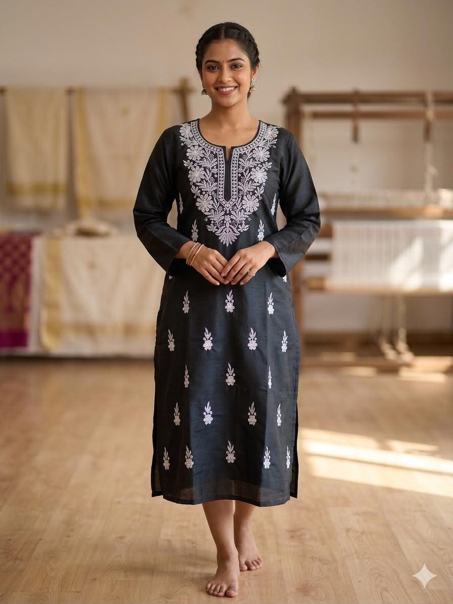 Charcoal Tonal Chikan Tunic ,alternate view
