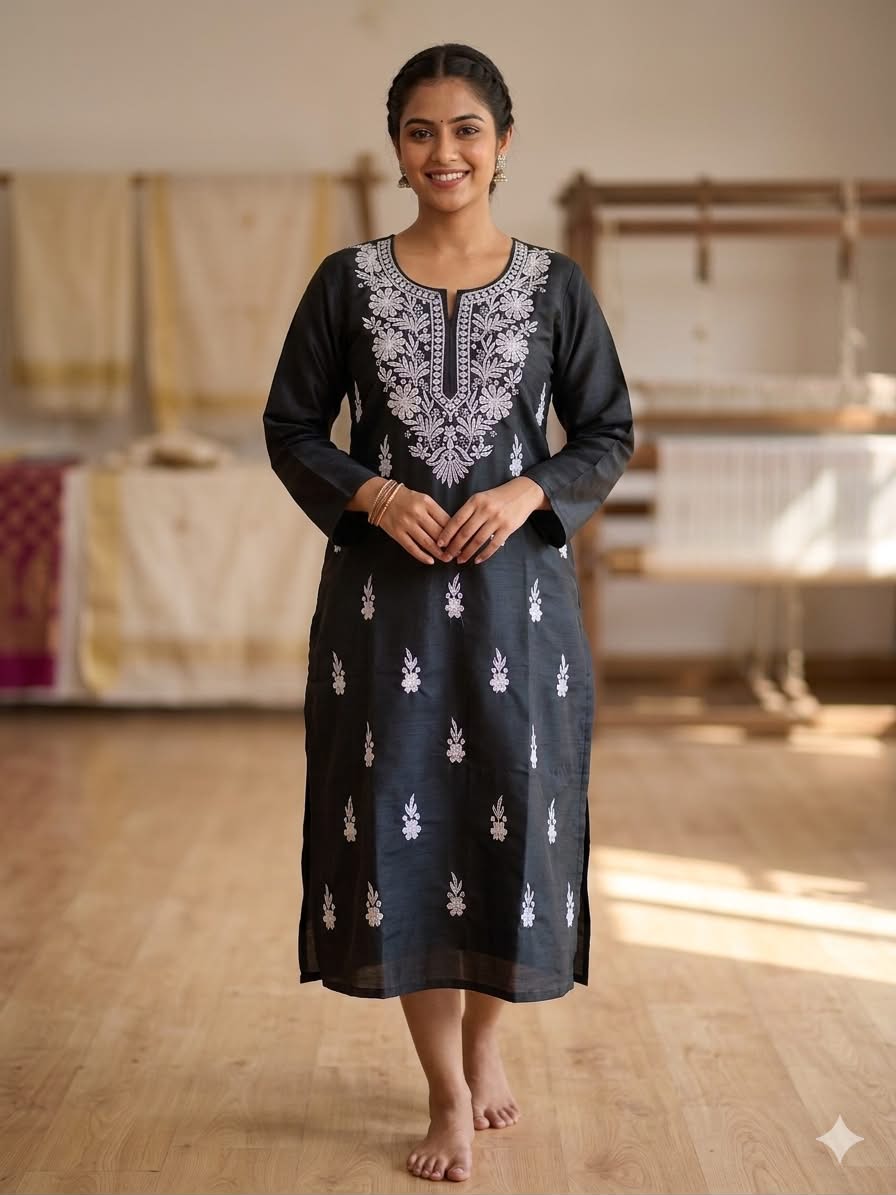 Charcoal Chikan Kurta ,alternate view