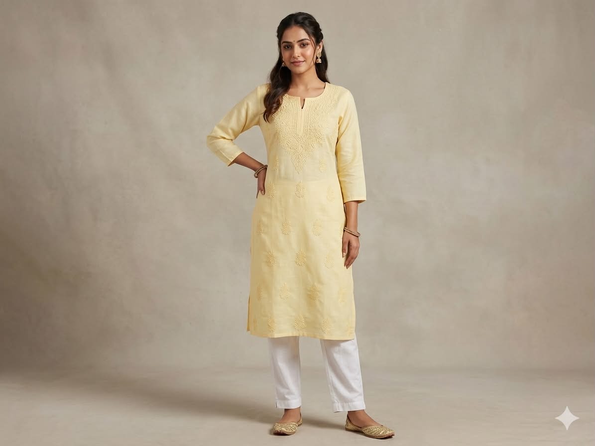 Lemon Yellow Chikan Kurta